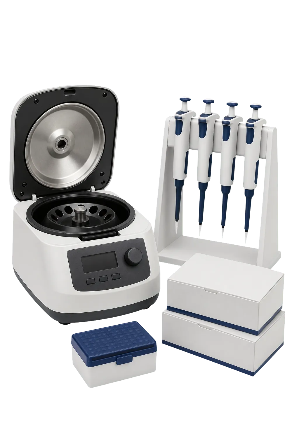 A benchtop centrifuge, pipettes, and laboratory supplies ready for a new lab