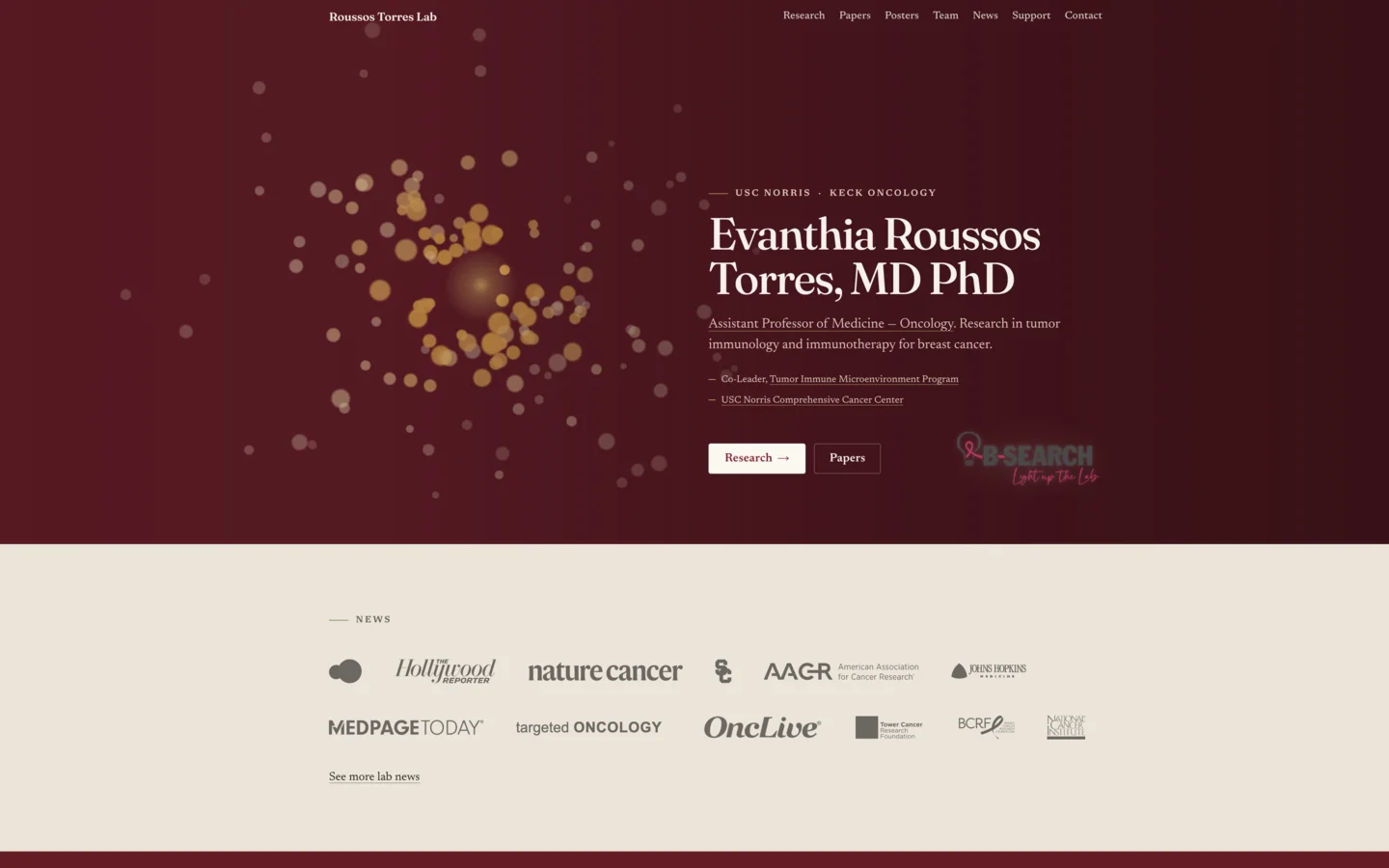 The Roussos Torres Lab website homepage, including its news section with national press logos
